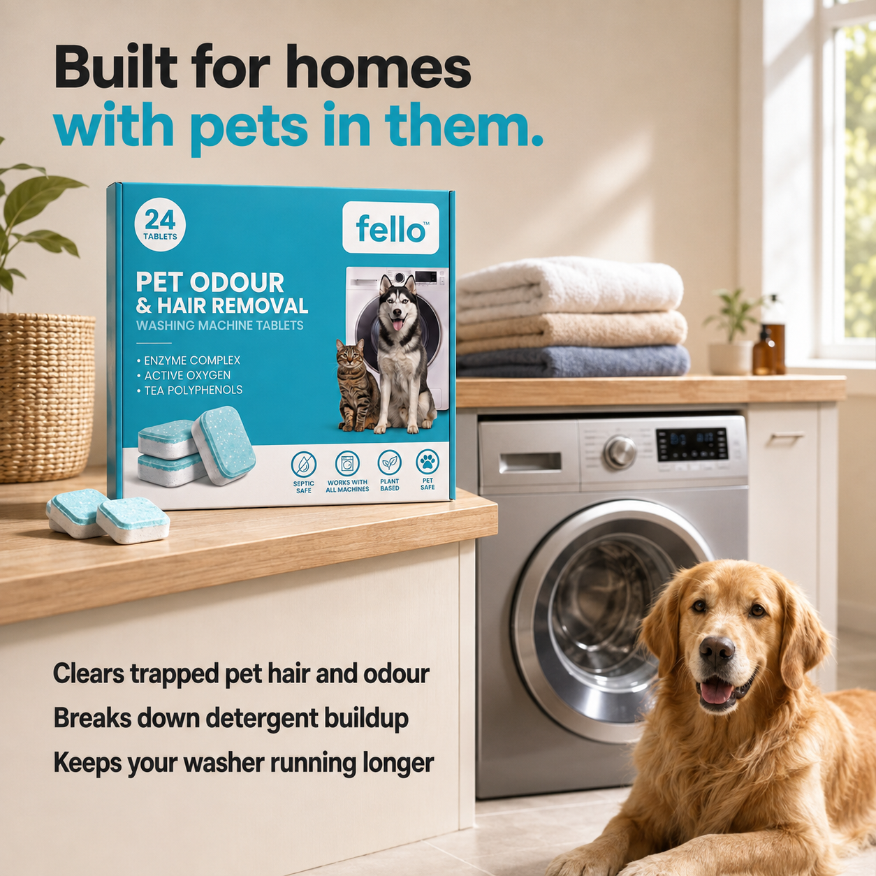 Fello™ - Comprimés de nettoyage en profondeur pour lave-linge, formulés pour les propriétaires d'animaux domestiques