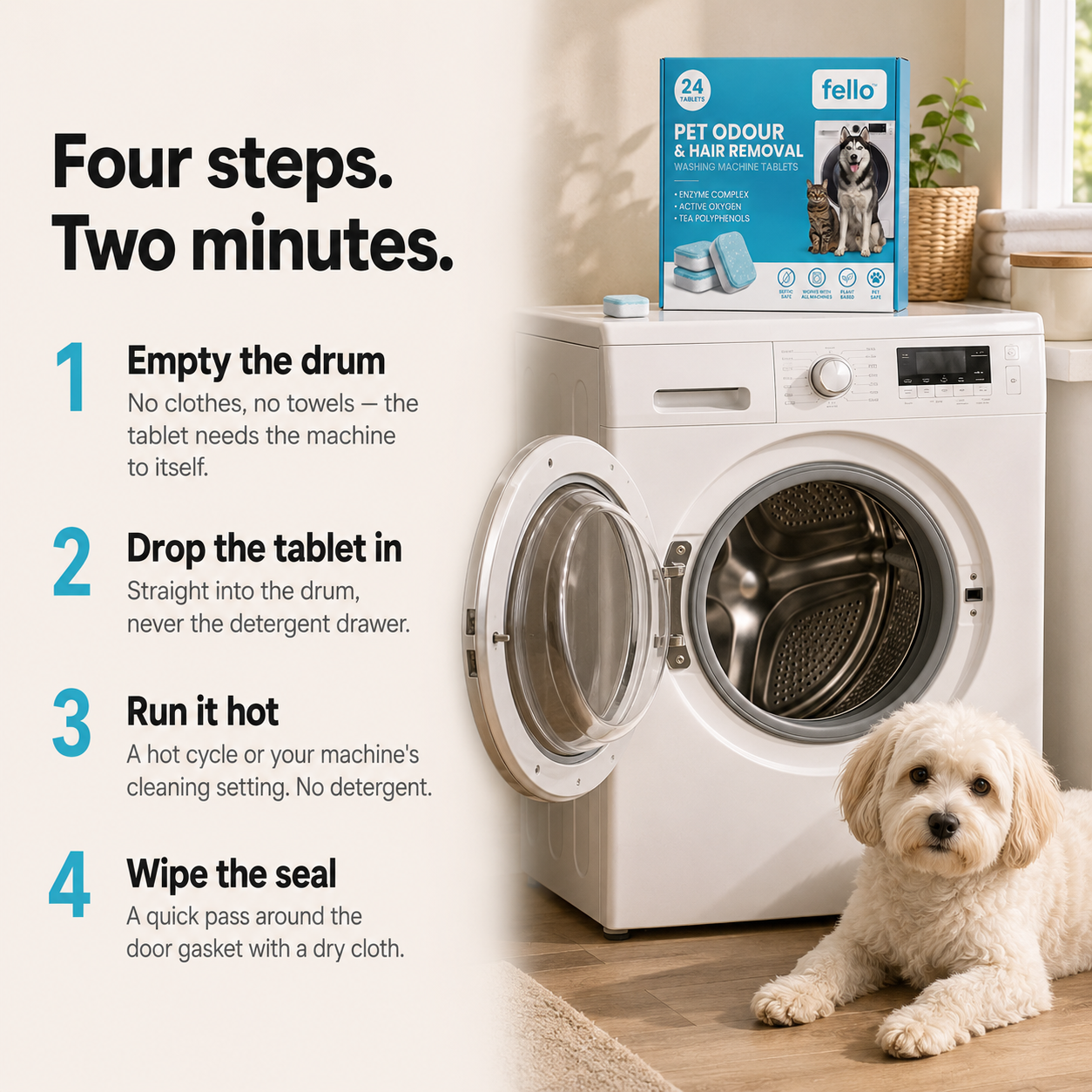 Fello™ - Comprimés de nettoyage en profondeur pour lave-linge, formulés pour les propriétaires d'animaux domestiques